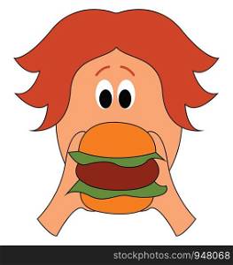 Guy with long hair eating a big burger of three layers , vector, color drawing or illustration.