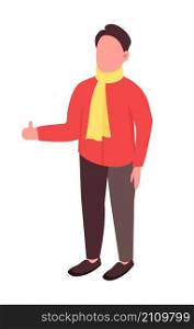 Guy with scarf semi flat color vector character. Joyful figure. Full body person on white. Autumn activity isolated modern cartoon style illustration for graphic design and animation. Guy with scarf semi flat color vector character