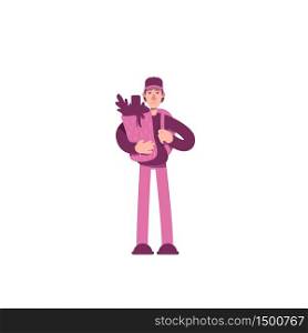 Guy with shopping bag flat color vector character. Man holding grocery store purchases. Young student with backpack. Everyman isolated cartoon illustration for web graphic design and animation. Guy with shopping bag flat color vector character