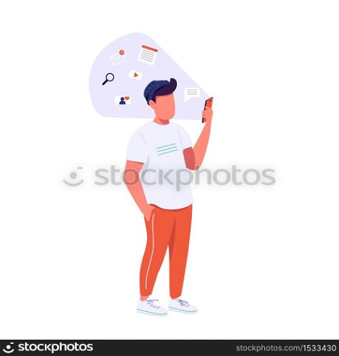 Guy with smartphone flat color vector faceless character. Generation Z lifestyle, online communication. Hipster surfing internet isolated cartoon illustration for web graphic design and animation. Guy with smartphone flat color vector faceless character