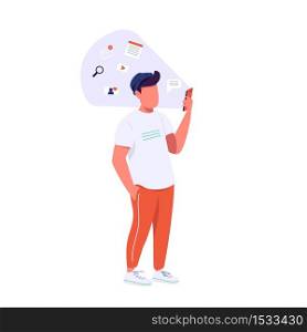 Guy with smartphone flat color vector faceless character. Generation Z lifestyle, online communication. Hipster surfing internet isolated cartoon illustration for web graphic design and animation. Guy with smartphone flat color vector faceless character