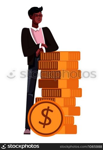Guy with stack of gold coins isolated icon young businessman in jumper and shirt african american character money earnings and profit wealth rich man cents salary career and finance banking vector.. Guy with stack of gold coins isolated icon young businessman