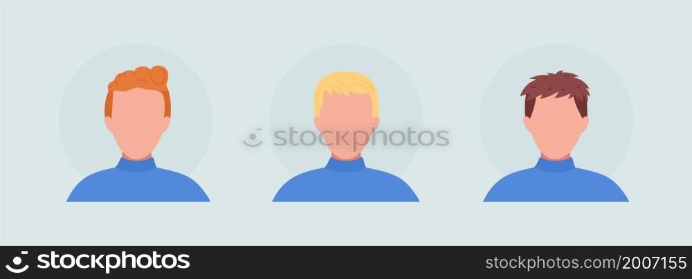 Guy with three types of haircut semi flat color vector character avatar set. Portrait from front view. Isolated modern cartoon style illustration for graphic design and animation pack. Guy with three types of haircut semi flat color vector character avatar set