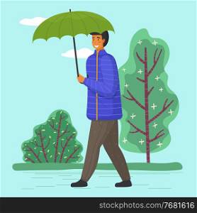 Guy with umbrella walking, male smiling wearing warm clothes jacket and pants, young adult man with opened parasol walking outdoors behind green tree and bush, cartoon character in flat style. Guy with umbrella walking, male smiling wearing warm clothes jacket and pants, young adult man