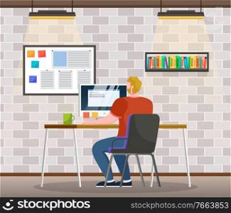 Guy work on personal computer at office alone. Person look at board with tasks. Paper stickers with notes on monitor. Room interior with shelf for books. Vector illustration of workplace in flat style. Man Work on Computer, Board with Notes and Tasks