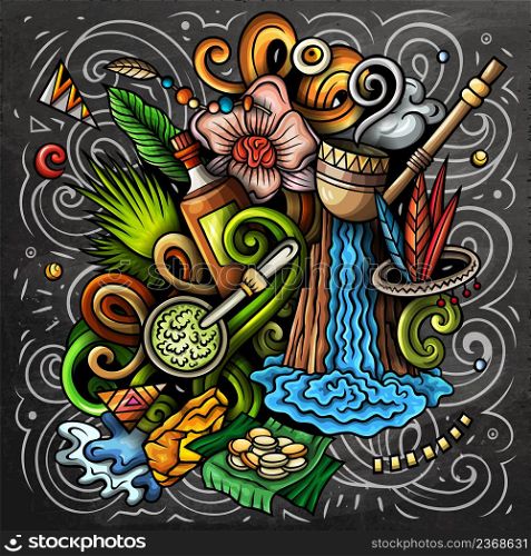 Guyana cartoon vector doodle chalkboard illustration. Colorful detailed composition with lot of traditional symbols. Guyana cartoon vector doodle chalkboard illustration