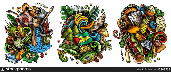 Guyana cartoon vector doodle designs set. Colorful detailed compositions with lot of traditional symbols. Isolated on white illustrations. Guyana cartoon vector doodle designs set.