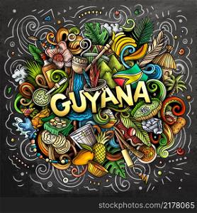Guyana hand drawn cartoon doodle illustration. Funny local design. Creative vector background. Handwritten text with Latin American elements and objects. Colorful composition. Guyana hand drawn cartoon doodle illustration. Funny local design.