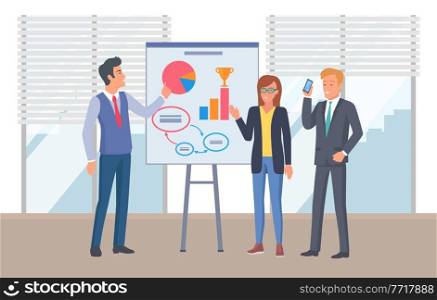Guys and girl communicate and work in office. Employees analyze data and study metrics. Income graph on background. Staff stands near a chart with statistics. Businessman with a phone in his hands. People are working and analyzing information. Staff standing near the graph on the poster