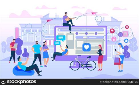 Guys and Women Sitting and Moving at Big Monitor on Cityscape Background. Young People Using Mobile Smartphone for Texting and Leaving Messages in Social Networks. Cartoon Flat Vector Illustration.. Young People Using Mobile Smartphone for Texting