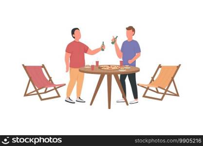 Guys hanging out flat color vector faceless characters. Man at table. Students party with fast food and drinking. Pizza night isolated cartoon illustration for web graphic design and animation. Guys hanging out flat color vector faceless characters