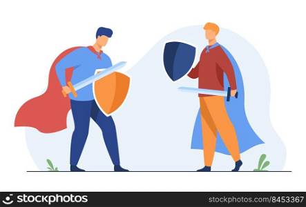 Guys playing knights and fighting. Warrior roles, costumes, capes, sword, shields. Flat vector illustration. Battle, arguing, game concept for banner, website design or landing web page