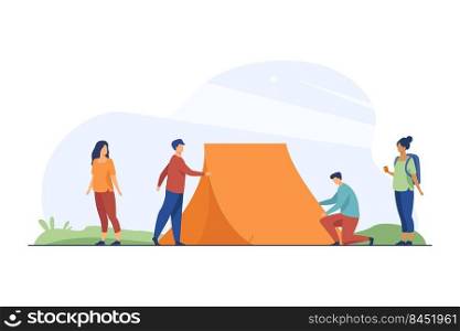Guys putting up tent on nature and women watching. Camp, backpack, travel flat vector illustration. Adventure and weekend concept for banner, website design or landing web page