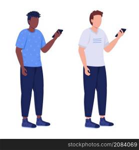 Guys spending time on smartphone semi flat color vector characters set. Full body people on white. Snubbing isolated modern cartoon style illustrations collection for graphic design and animation. Guys spending time on smartphone semi flat color vector characters set