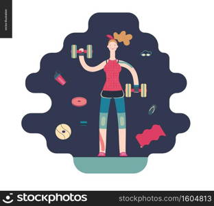 Gym - a girl llifting weights in the gym - flat vector concept illustration of a woman wearing tank top, leggings and kinesio tapes. surrounded by weights, barbell, ball. Healthy concept, gymnasium.. Gym - girl exercising