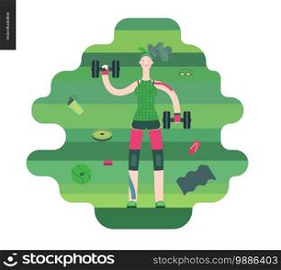 Gym - a girl llifting weights in the gym - flat vector concept illustration of a woman wearing green tank top, pink leggings on a green background. Healthy concept - weights, barbell, ball, gymnasium.. Gym - girl exercising