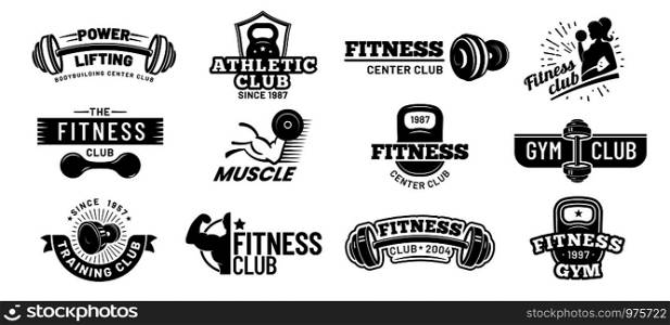 Gym badges. Bodybuilding stencil label, fitness monochrome silhouette badge and athlete muscles. Bodybuilding iron stamp, hipster athletic logotype. Isolated vector illustration symbols set. Gym badges. Bodybuilding stencil label, fitness monochrome silhouette badge and athlete muscles vector illustration set