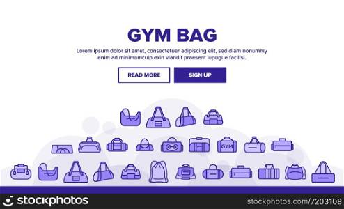 Gym Bag Accessory Landing Web Page Header Banner Template Vector Gym Bag For Sportive Suit And Shoes, Handbag For Fitness Sport Activity Clothes. Illustrations. Gym Bag Accessory Landing Header Vector