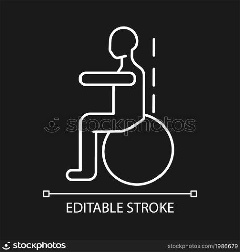 Gym ball exercises white linear icon for dark theme. Scoliosis prevention. Body strengthening. Thin line customizable illustration. Isolated vector contour symbol for night mode. Editable stroke. Gym ball exercises white linear icon for dark theme
