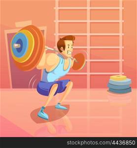 Gym Cartoon Illustration. Gym and weightlifting background with man lifting a barbell cartoon vector illustration