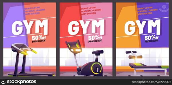 Gym cartoon poster with treadmill. Promotional flyer with promocode for weight lifting, body building or personal training. Special offer for sports activity and healthy lifestyle, Vector illustration. Gym cartoon poster with treadmill. Promo flyer