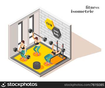 Gym center interior isometric composition with powerful full body workout weight lifting exercises for women vector illustration. Workout Gym Isometric Composition