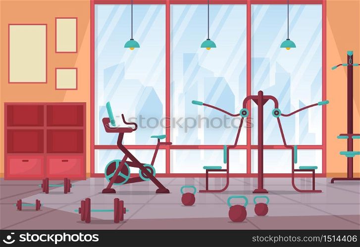 Gym Center Interior Sport Club Fitness Weight Bodybuilding Equipment Vector Illustration