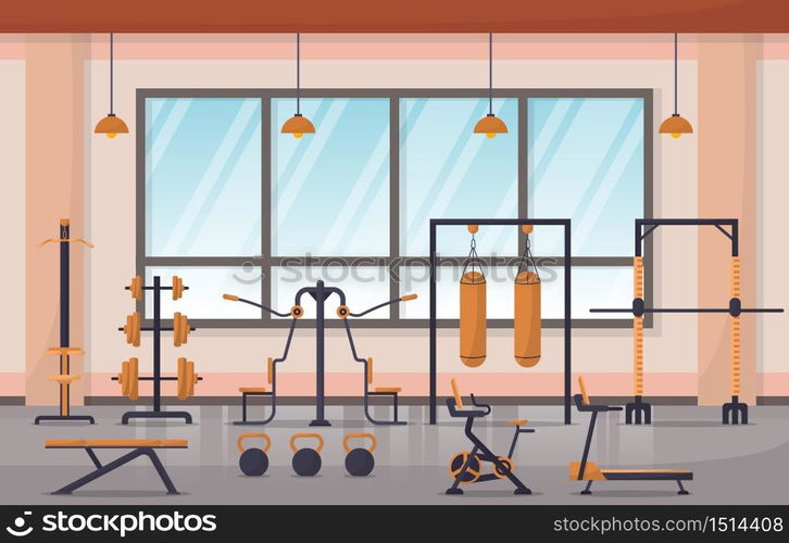 Gym Center Interior Sport Club Fitness Weight Bodybuilding Equipment Vector Illustration