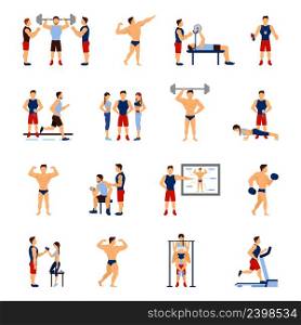 Gym coach and personal trainer flat icons set isolated vector illustration. Gym Trainer Set