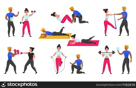 Gym coach. Personal workout fitness trainer, cartoon characters doing sport exercises and cardio and weightlifting. Vector illustration workout set with personal supporting during training athletes. Gym coach. Personal workout fitness trainer, cartoon characters doing sport exercises and cardio and weightlifting. Vector workout set