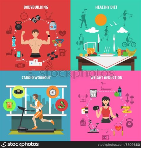 Gym design concept set with bodybuilding healthy diet cardio workout weight reduction flat icons isolated vector illustration. Gym Flat Set