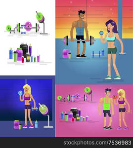 Gym design concept with Vector detailed character men and women bodybuilder. Workout with fitness equipment and sports nutrition, cool flat illustration. Web banner template. Gym design concept Gym design concept fitness