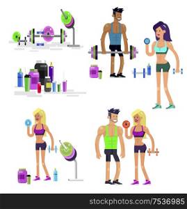Gym design concept with Vector detailed character men and women bodybuilder. Workout with fitness equipment and sports nutrition, cool flat illustration. Web banner template. Gym design concept Gym design concept fitness