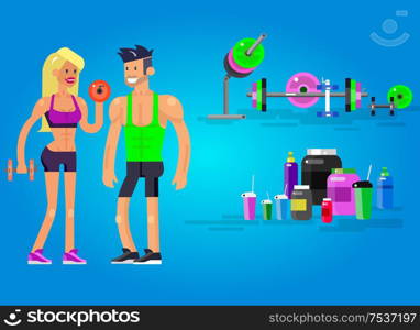 Gym design concept with Vector detailed character men and women bodybuilder. Workout with fitness equipment and sports nutrition, cool flat illustration. Web banner template. Gym design concept
