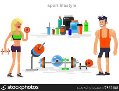 Gym design concept with Vector detailed character men and women bodybuilder. Workout with fitness equipment and sports nutrition, cool flat illustration. Gym design concept