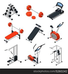 Gym Equipment Isometric Set. Gym equipment isometric set with training symbols isolated vector illustration