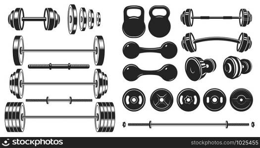 Gym equipment silhouette. Fitness sport, heavy weight barbell and vintage bodybuilding stencil vector illustration set