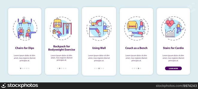 Gym exercise alternatives onboarding mobile app page screen with concepts. Chairs for dips, using wall, stairs walkthrough 5 steps graphic instructions. UI vector template with RGB color illustrations. Gym exercise alternatives onboarding mobile app page screen with concepts