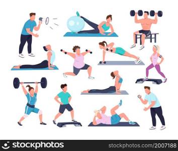 Gym exercise semi flat color vector character set. Posing figures. Full body people on white. Fitness isolated modern cartoon style illustration for graphic design and animation collection. Gym exercise semi flat color vector character set