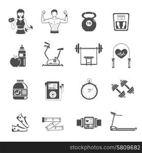 Gym icon black set with treadmill stopwatch dumbbell bike isolated vector illustration. Gym Icon Black Set