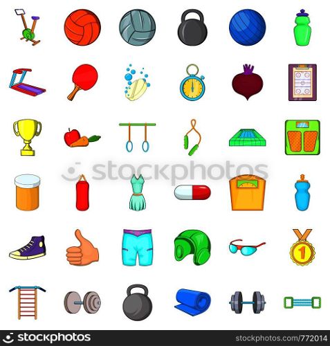 Gym icons set. Cartoon style of 36 gym vector icons for web isolated on white background. Gym icons set, cartoon style