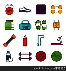 Gym icons set. Doodle illustration of vector icons isolated on white background for any web design. Gym icons doodle set