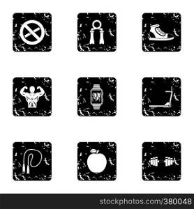 Gym icons set. Grunge illustration of 9 gym vector icons for web. Gym icons set, grunge style