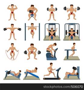 Gym icons set in cartoon style isolated on white background. Gym icons set, cartoon style
