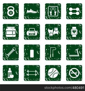 Gym Icons set in grunge style green isolated vector illustration. Gym Icons set grunge