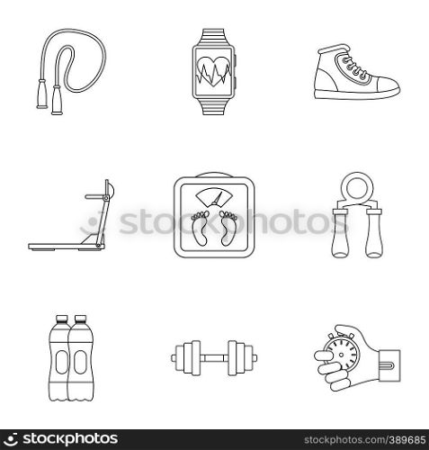 Gym icons set. Outline illustration of 9 gym vector icons for web. Gym icons set, outline style