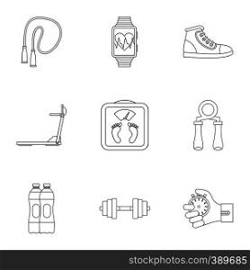 Gym icons set. Outline illustration of 9 gym vector icons for web. Gym icons set, outline style