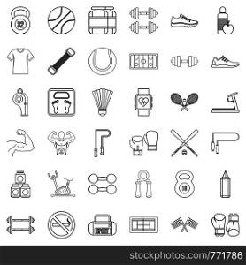 Gym icons set. Outline style of 36 gym vector icons for web isolated on white background. Gym icons set, outline style