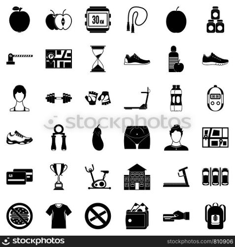 Gym icons set. Simple style of 36 gym vector icons for web isolated on white background. Gym icons set, simple style