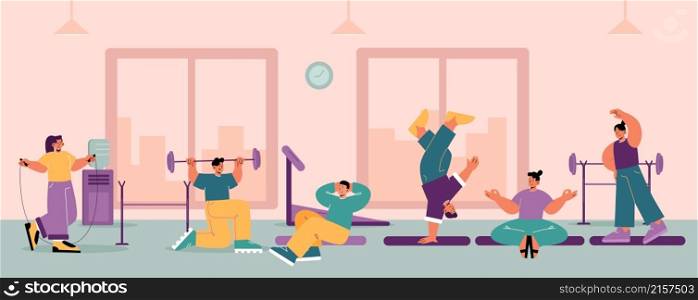 Gym interior with people doing sport exercises, yoga, breakdance and fitness. Concept of healthy lifestyle, different activities and workout. Vector flat illustration of with men and women training. Gym interior with people doing sport exercises